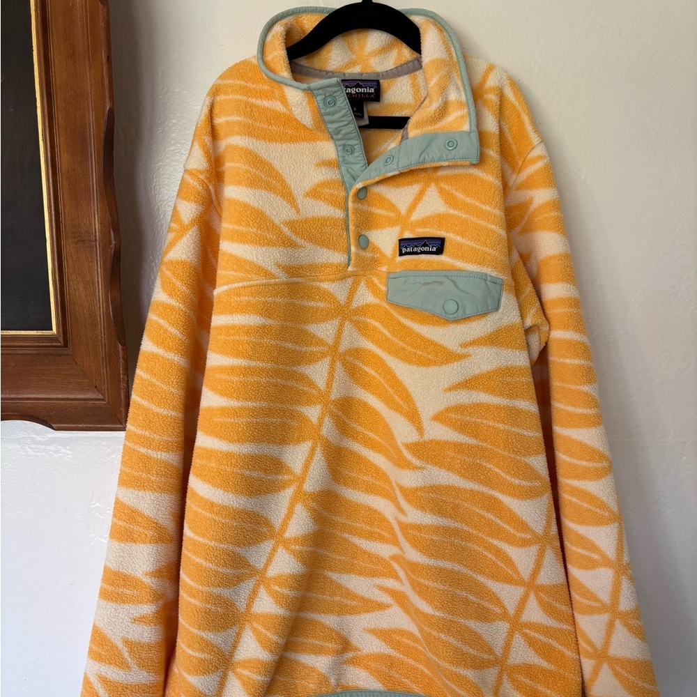 Patagonia Yellow and Cream Leaf-Print Snap Pullover